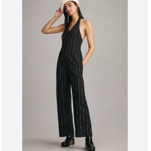 Brand New LITTLE LIES PINSTRIPE HALTER NECK JUMPSUIT - Picture 3 of 13